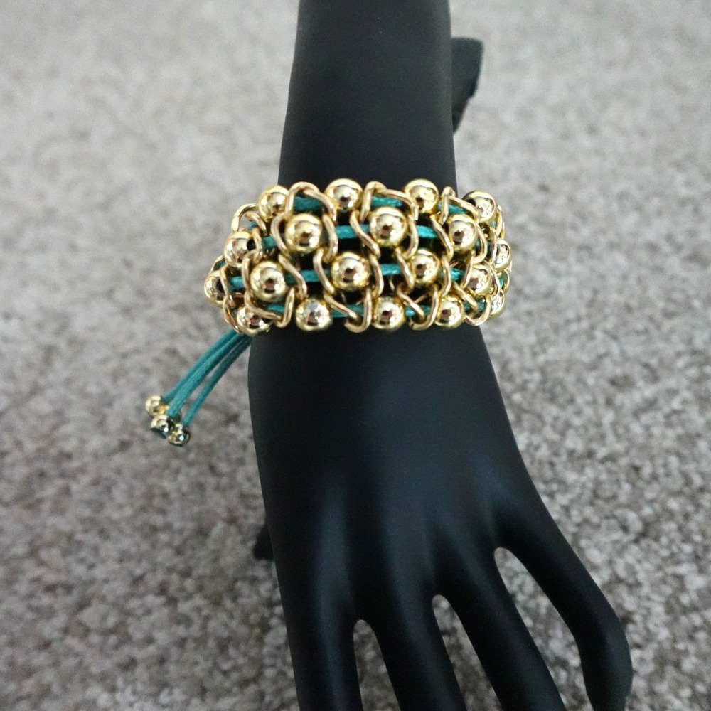 Gold Tone Beaded Cluster Adjustable Turquoise Cord Bracelet Boho Statement